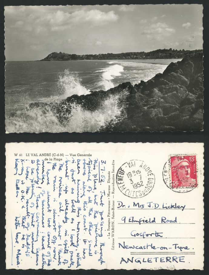 France LE VAL-ANDRE, Rough Sea Storm, Rocks Beach General View 1952 Old Postcard