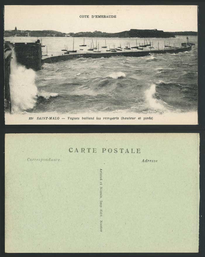 SAINT-MALO Lighthouse Pier Harbour Rough Sea Waves beating Remparts Old Postcard