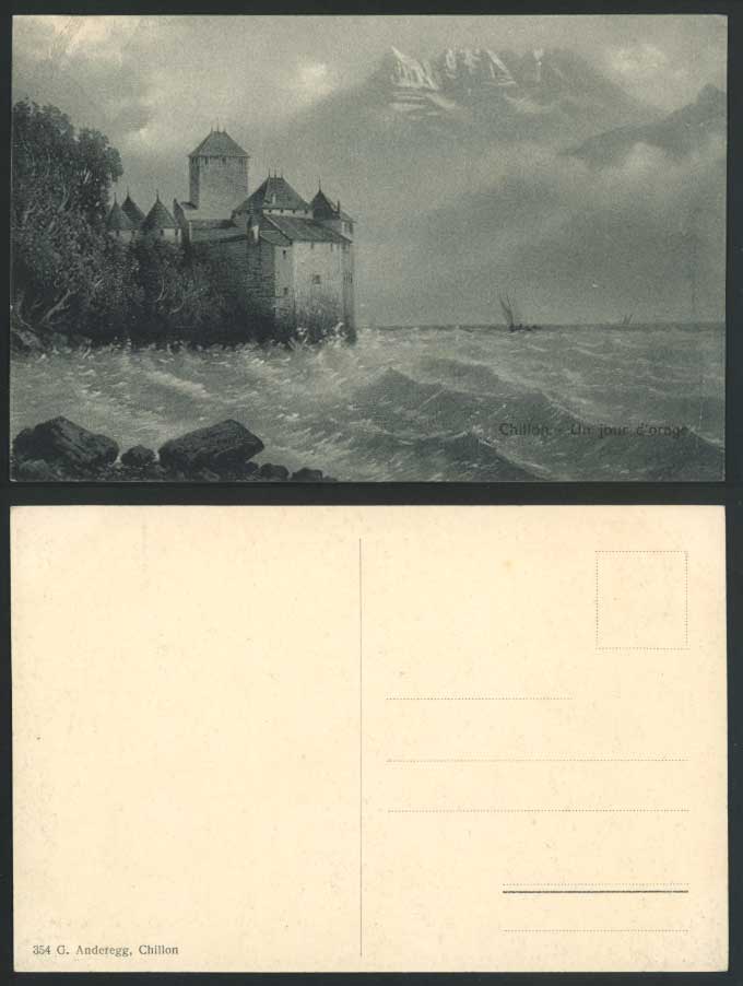 Swiss, Chateau de Chillon Castle, G. Anderegg Un Jour d'orage Storm Old Postcard