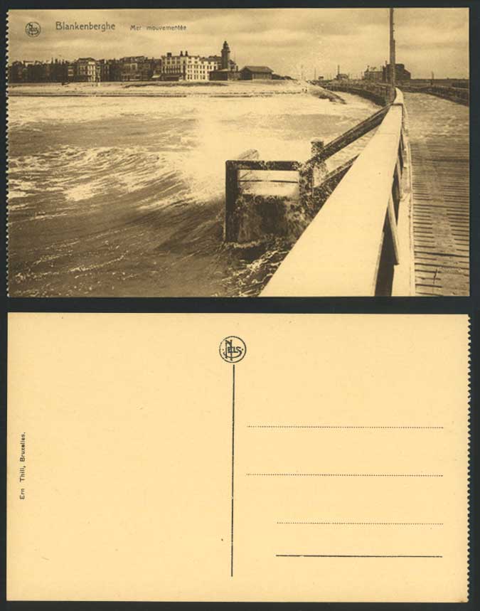 Blankenberghe Mer Mouvementee Rough Sea Storm Lighthouse Pier Jetty Old Postcard