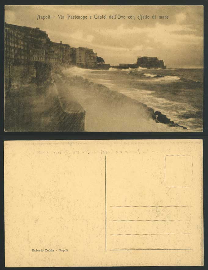 Italy Old Postcard Napoli Naples Rough Sea Storm Via Partenope e Castel dell'Ovo