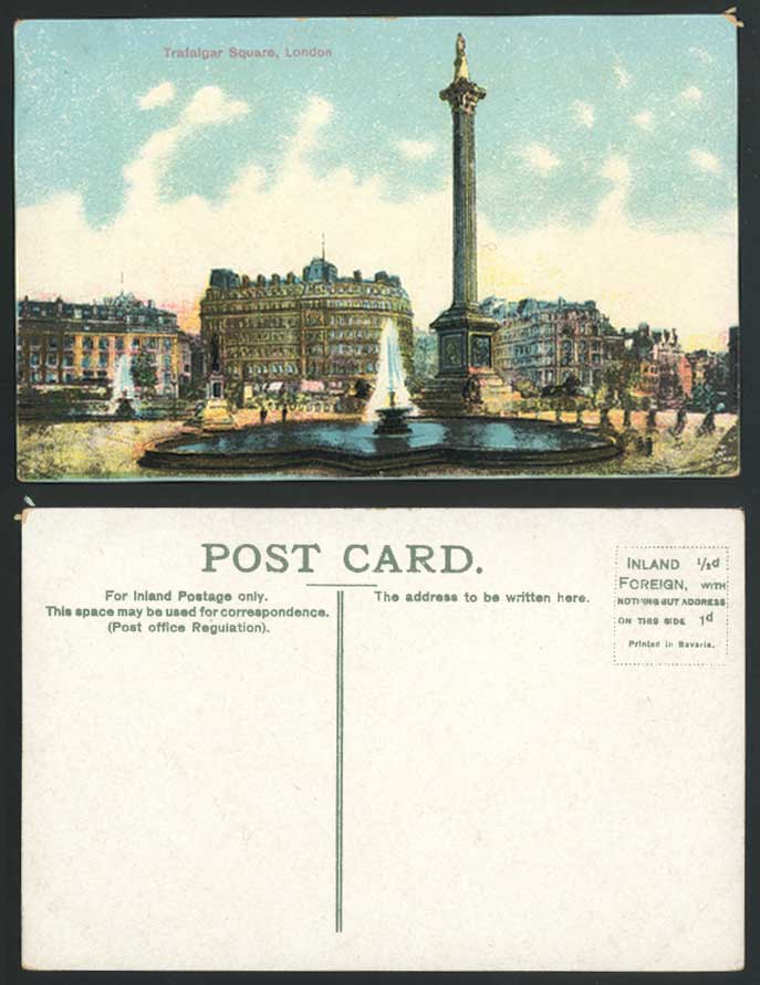 London Old Colour Postcard Fountain Trafalgar Square Nelson's Column Lion Statue