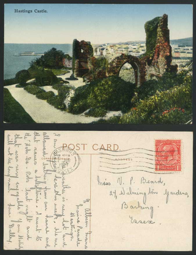 HASTINGS CASTLE, RUINS, Arch & Panorama 1927 Old Colour Postcard Sussex