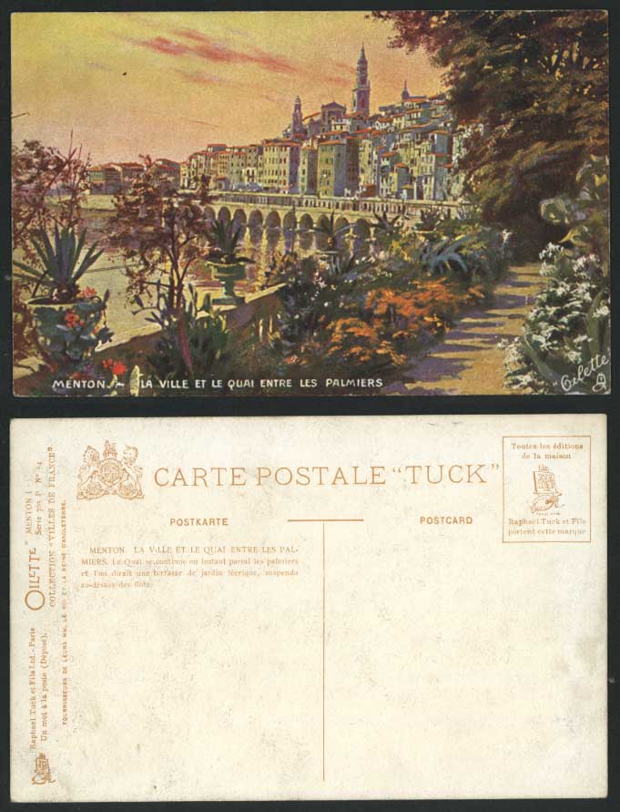 MENTON, Old Tuck's Oilette Postcard La Ville et le Quai entre les Palmiers, Quay