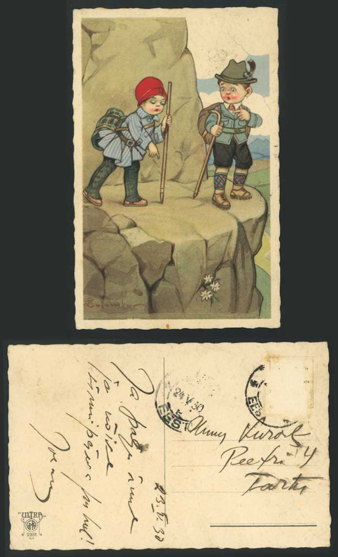 Colomber Artist Signed Mountain Climbers Edelweiss Flowers Boy 1930 Old Postcard