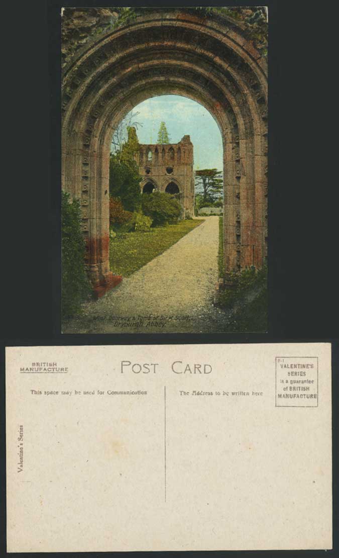DRYBURGH ABBEY, West Doorway & Tomb of Sir Walter Scott Old Colour Postcard Arch