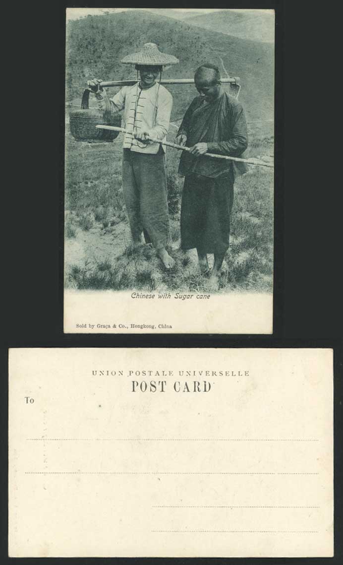 China Old UB Postcard Chinese Coolie Buying Sugarcane Sugar Cane Seller Hoe Hill