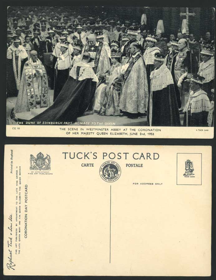 Duke of Edinburgh Pays Homage to Queen Coronation Westminster Abbey Old Postcard