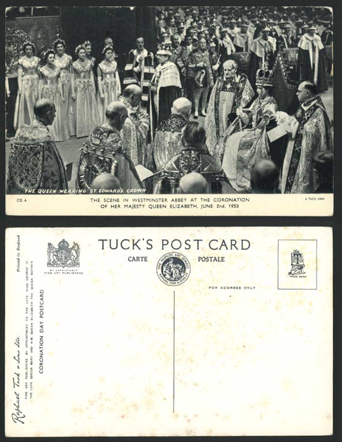 Queen Wearing St Edward's Crown Coronation Westminster Abbey Old Tuck's Postcard