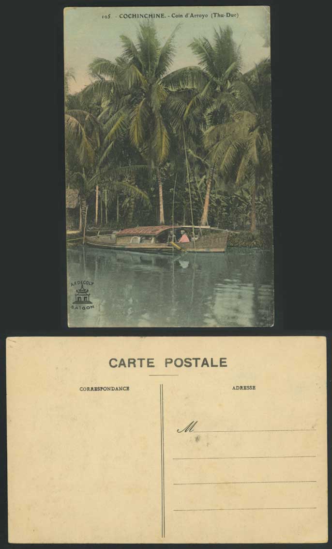 Indochina Old Postcard Cochinchine Coin d'Arroyo Thu-Duc Native Sampan Palm Tree