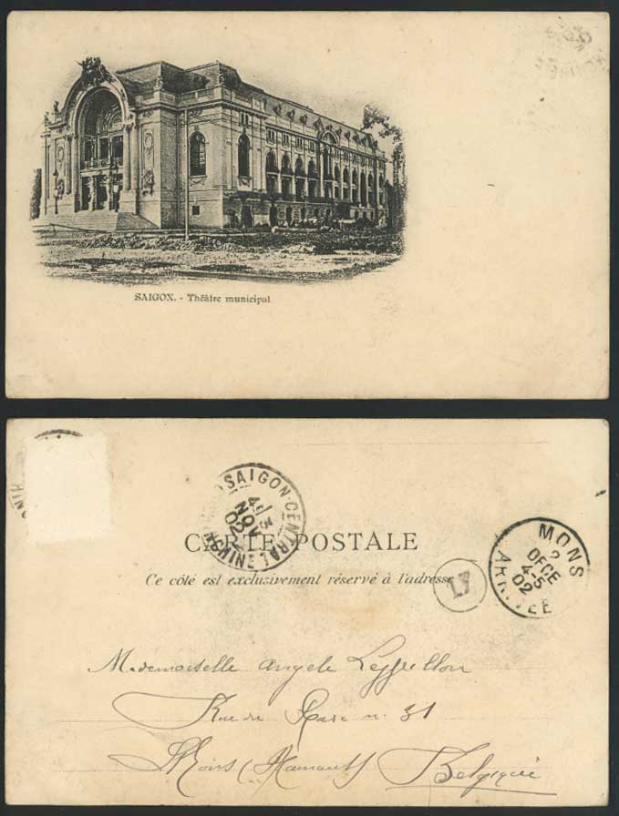 Indo-China 1902 Old U.B. Postcard SAIGON, THEATRE MUNICIPAL Used to Belgium Mons