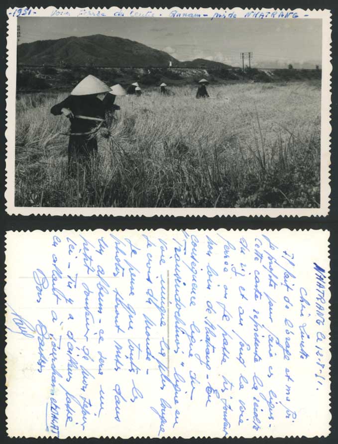Indo-China 1951 Old R.P. Postcard Annam Nhatrang Farmers at Work, Railway Centre