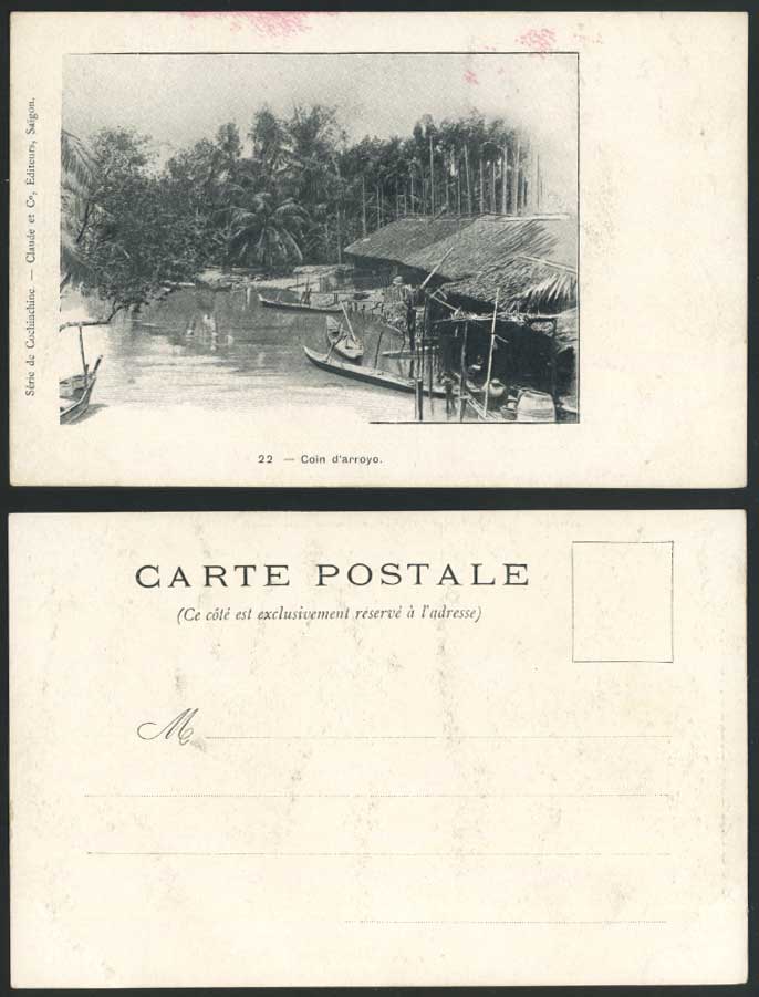 Indo-China Old U.B. Postcard Coin d'Arroyo Arroyo River Native Boats Canoes Huts