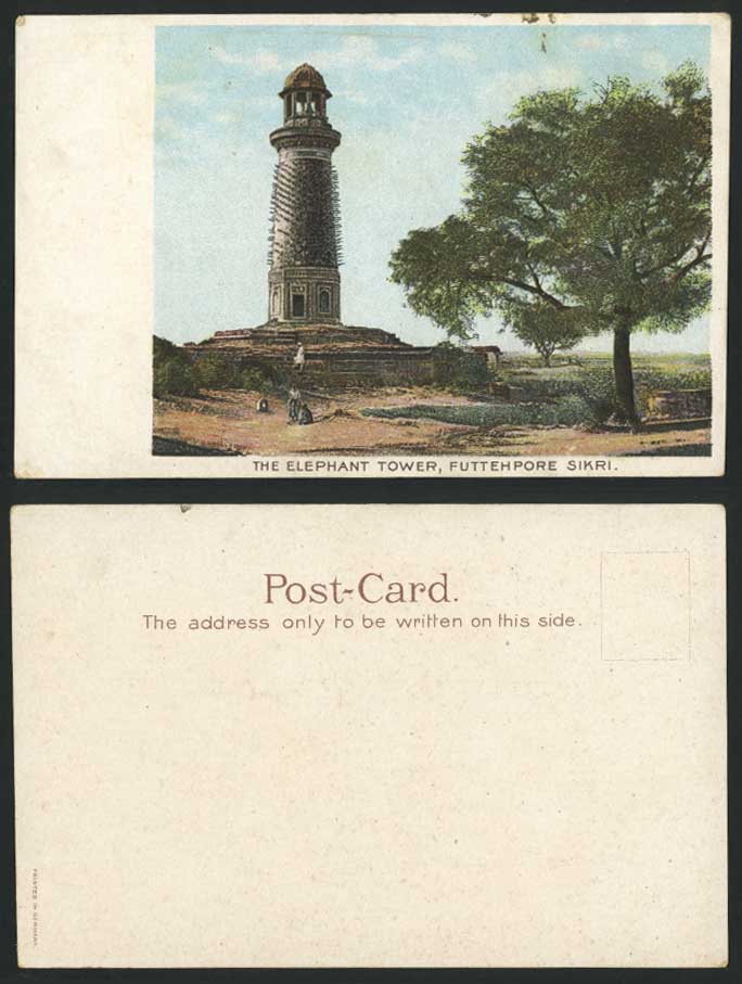 India Old UB Postcard FUTTEHPORE SIKRI ELEPHANT TOWER Hiran Minar Colour British