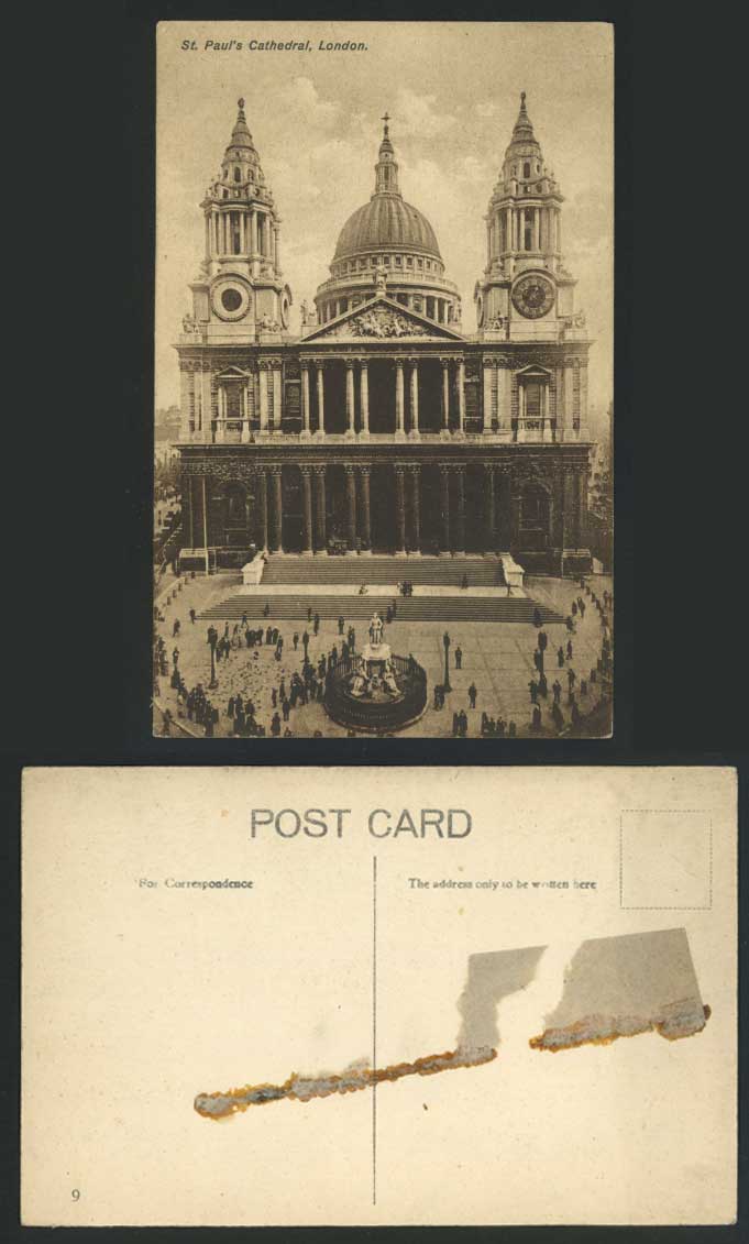 London Old Postcard St. Paul's Cathedral, Queen Anne Statue, Pigeons & Clock