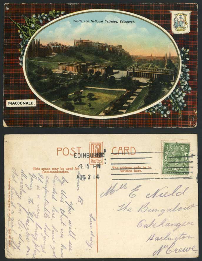 Edinburgh Castle and National Galleries MacDonald Coat of Arms 1914 Old Postcard