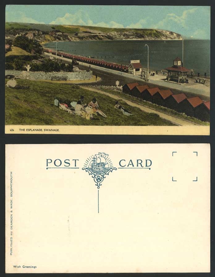 Swanage, The Esplanade, Dorset Old Colour Postcard Clock Tower Cliffs Beach Huts