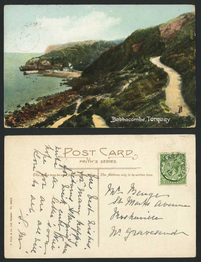 Torquay BABBACOMBE BEACH Seaside Panorama 1915 Old Colour Postcard Frith's 38612