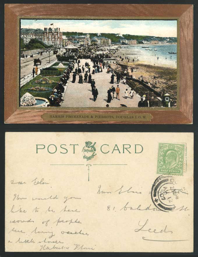 Isle of Man 1907 Old Postcard Harris Promenade & Pierrots Douglas, Gardens Beach