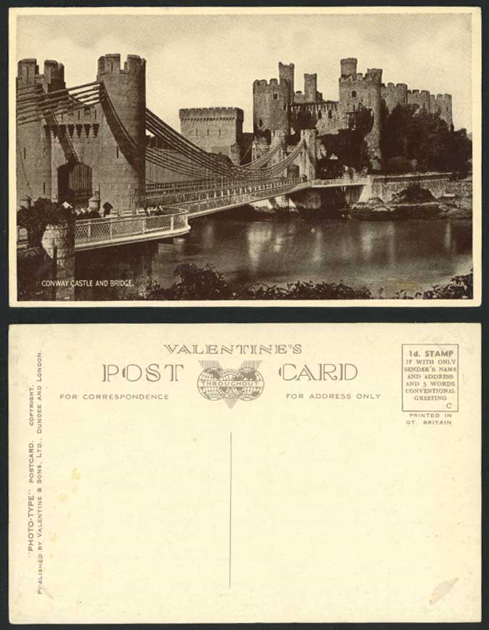 CONWAY CASTLE & BRIDGE River Scene Wales Old Postcard Valentine's Phototype 5619