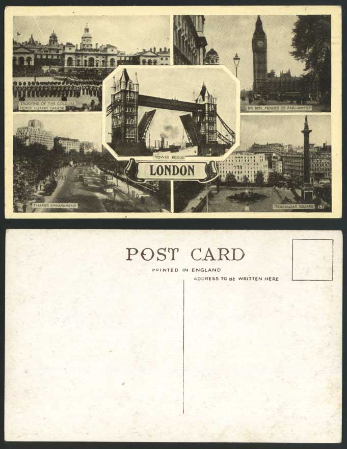London Old Postcard Trooping the Colours Tower Bridge Thames Embankment Big Ben