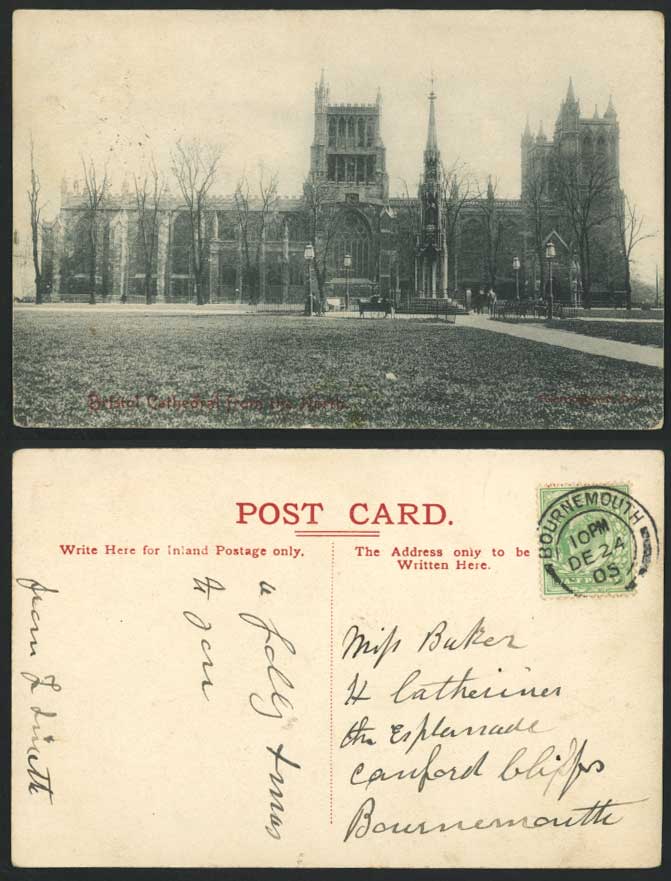 BRISTOL CATHEDRAL from NORTH & Memorial 1905 Old Postcard Harvey Barton's series