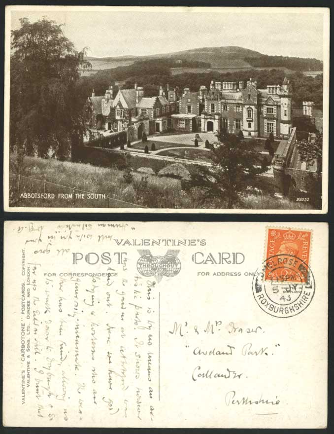 ABBOTSFORD Roxburghshire 2d 1943 Old Postcard Historic House nr. Melrose W Scott