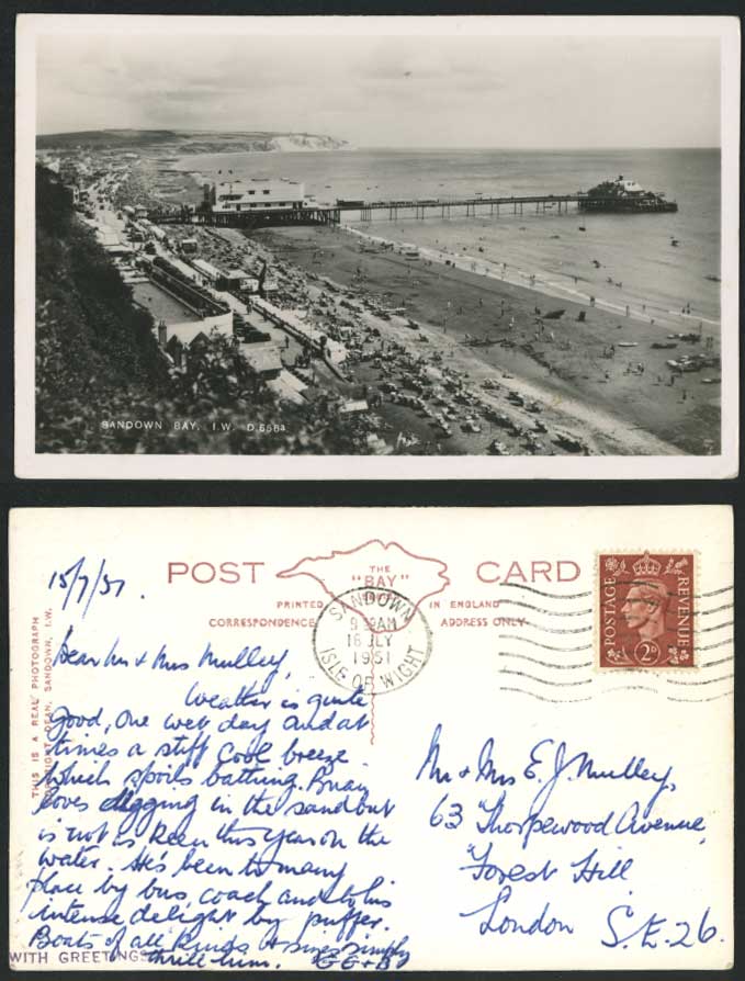 Isle of Wight 1951 Old R.P. Postcard SANDOWN BAY Pier Cliffs Beach Sands Seaside