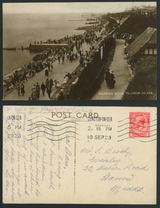 Clacton-on-Sea Madeira Walk Essex 1923 Old Real Photo Postcard Beach Boats Steps