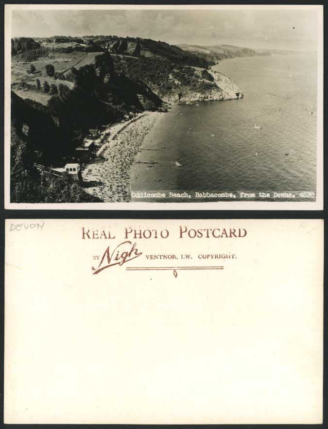 Oddicombe Beach, Babbacombe from The Downs, Devon, Sands Old Real Photo Postcard