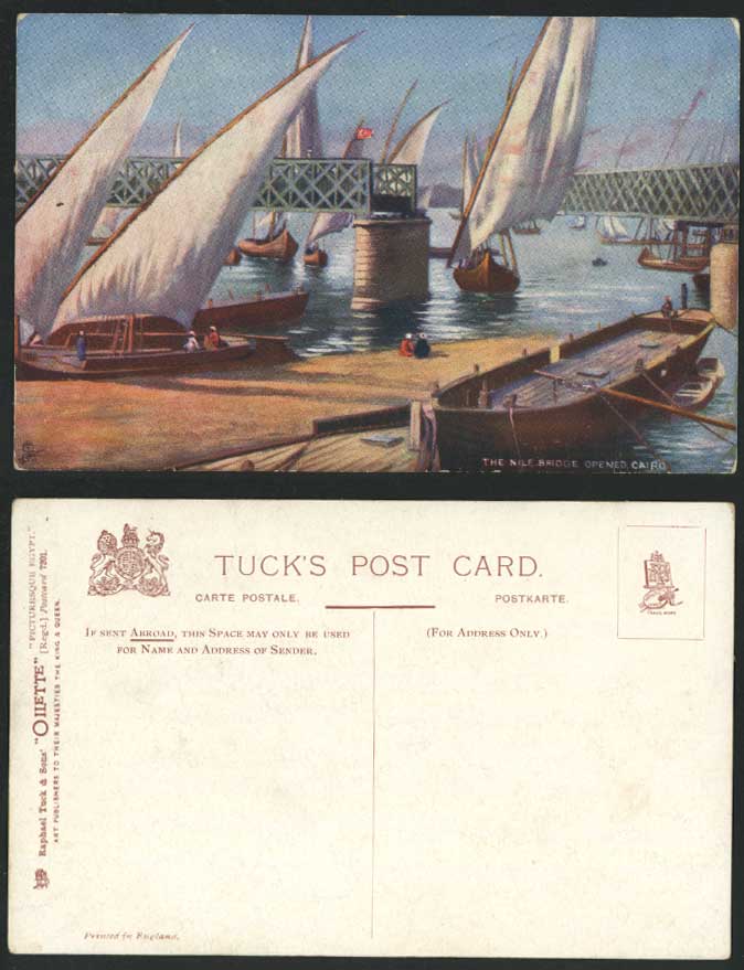 Egypt Old Tuck's Oilette Postcard Nile Bridge Opened Cairo Sailing Boats & River
