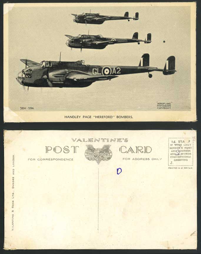 Handley Page HEREFORD Bombers GL-A2, Monoplanes Warplanes Aircrafts Old Postcard
