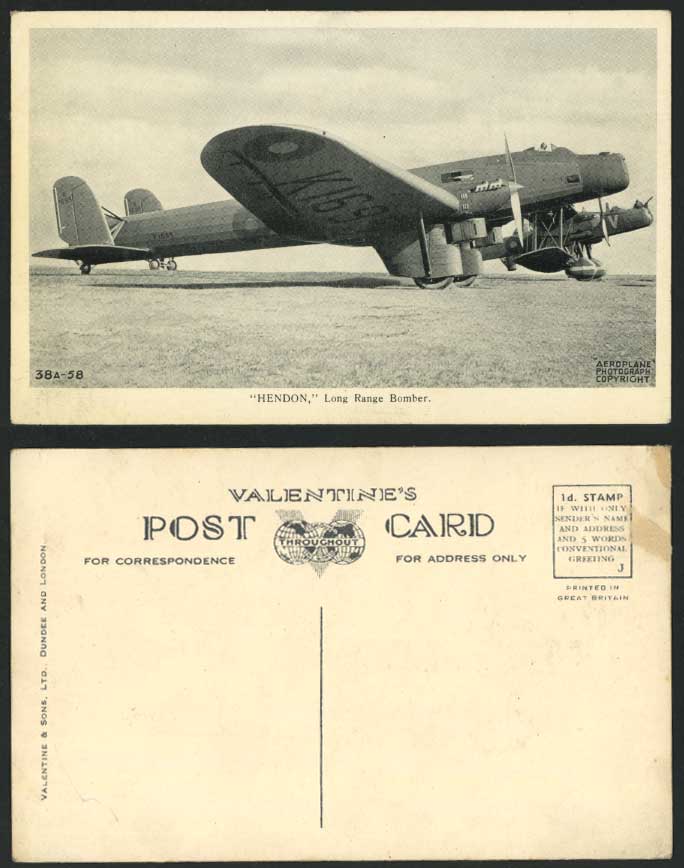 HENDON Long Range Bomber K1695 Monoplane Warplane Aircraft Airplane Old Postcard