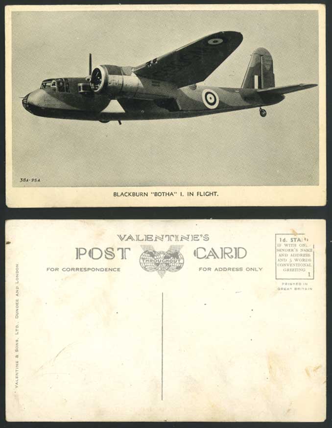 Blackburn BOTHA I. in Flight - Monoplane Warplane Aircraft Airplane Old Postcard