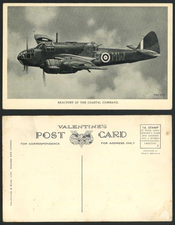 Beaufort of The Coastal Command - Monoplane B MW Warplane Aircraft Old Postcard