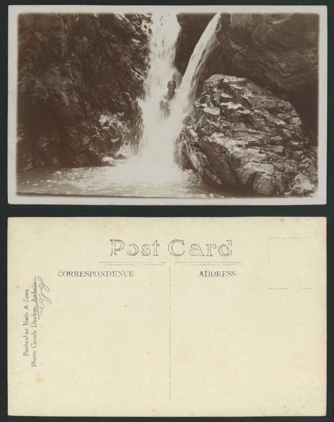 India Old Real Photo Postcard Man standing in Waterfalls Rocks Water Fall Ambala
