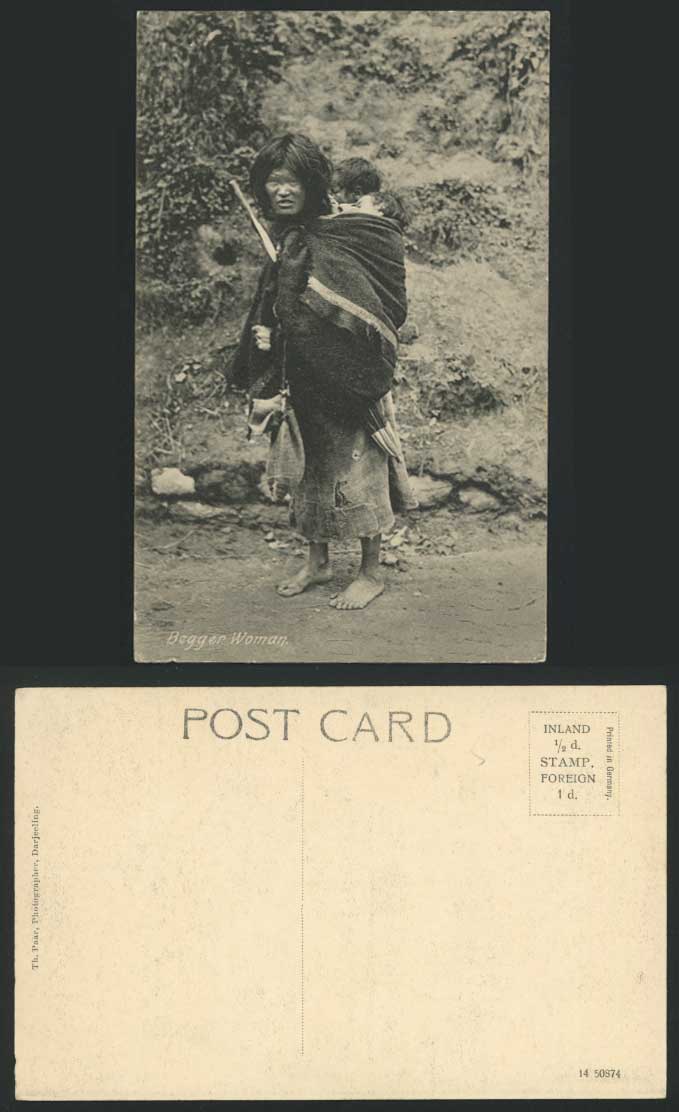 TIBET China India Old Postcard Tibetan Beggar Begger Woman Carry Babies Children