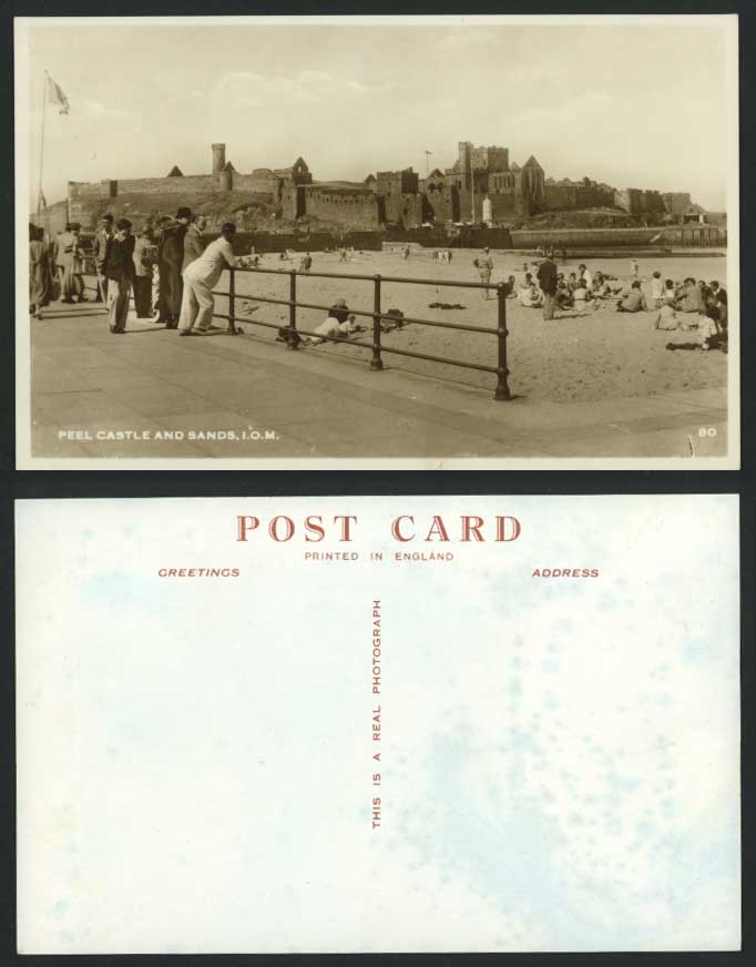 Isle of Man Old Real Photo Postcard PEEL CASTLE and SANDS Beach Seaside Panorama