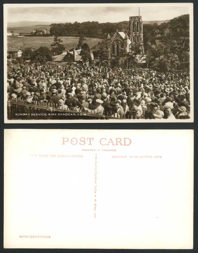 Isle of Man Old Real Photo Postcard Sunday Service at KIRK BRADDAN Church I.O.M.