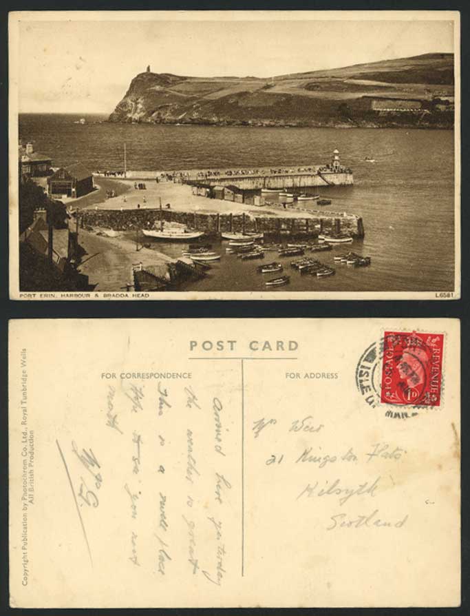 Isle of Man 1939 Old Postcard PORT ERIN HARBOUR & BRADDA HEAD Lighthouse & Boats