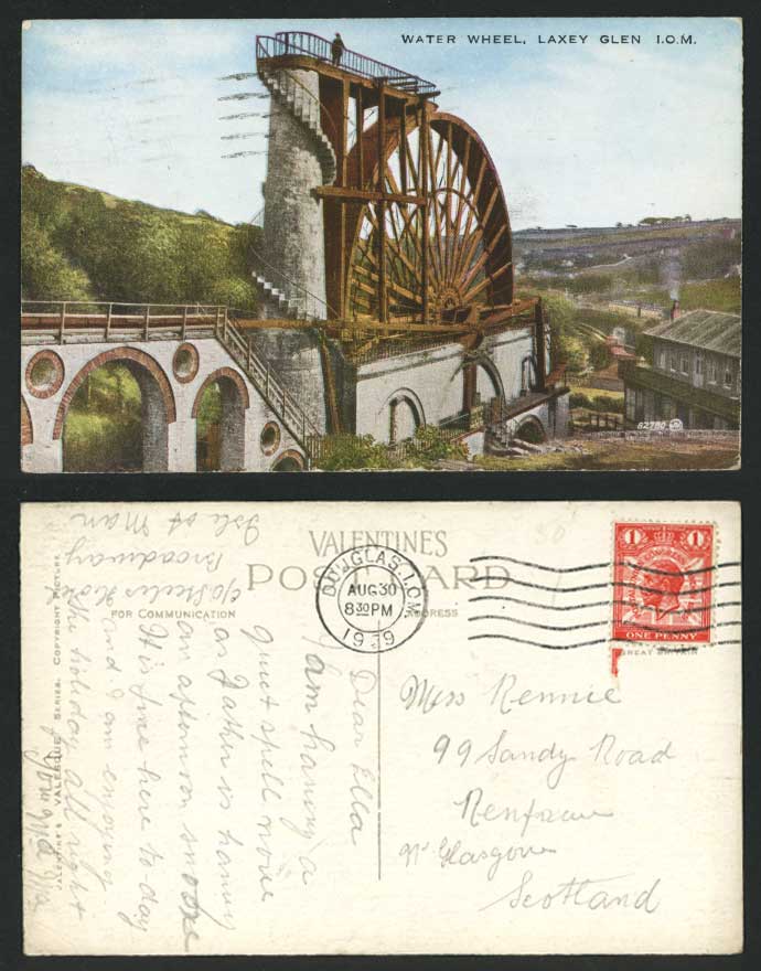 Isle of Man 1929 Old Colour Postcard WATER WHEEL - LAXEY GLEN I.O.M. - KGV 1d