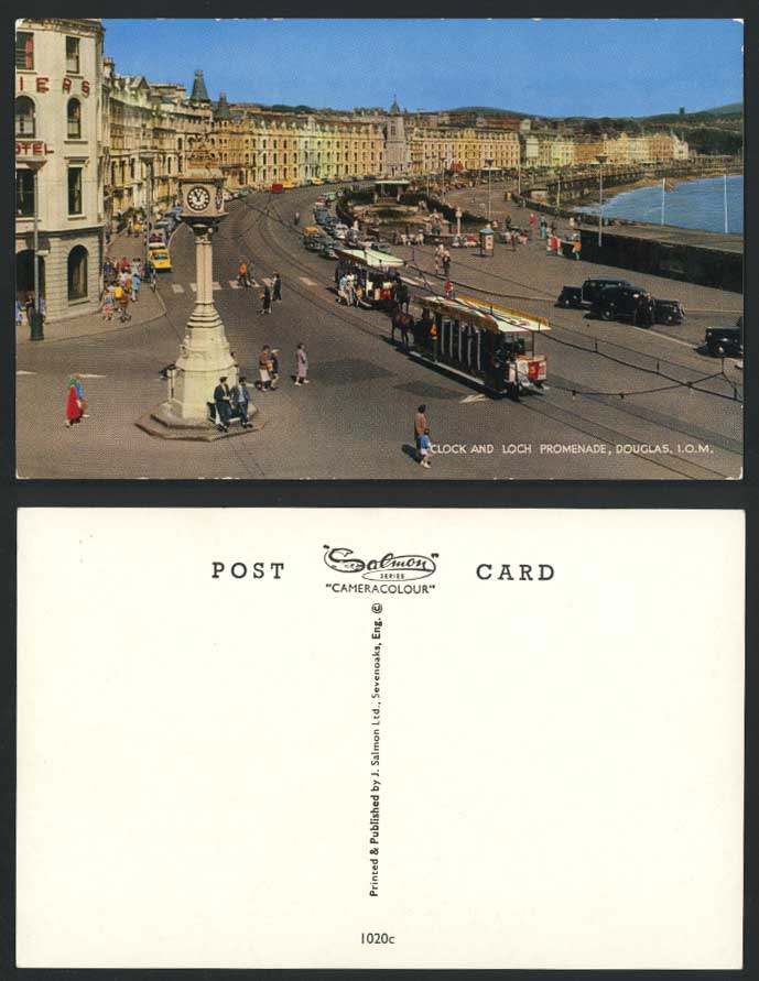 Isle of Man Old Postcard Loch Promenade & Clock, Hotel Horse Drawn Tramcars Cars