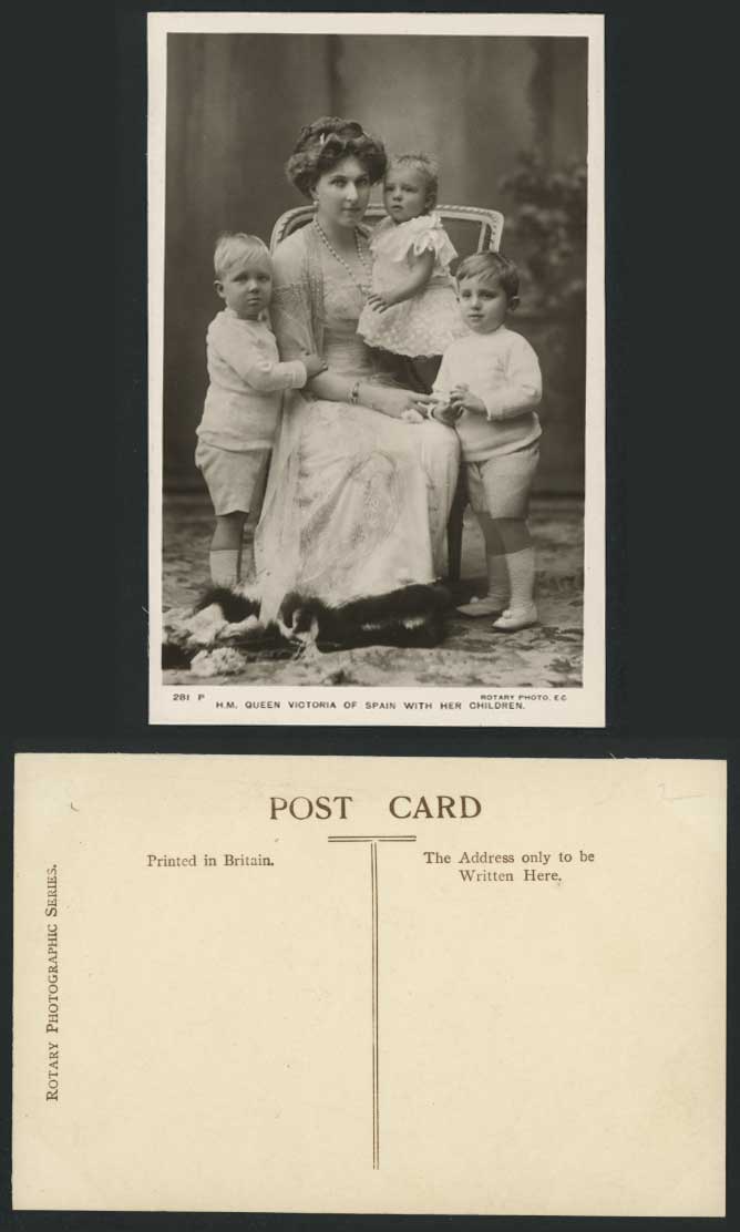 H.M. Queen Victoria of Spain with Her Children - Royalty Old Real Photo Postcard