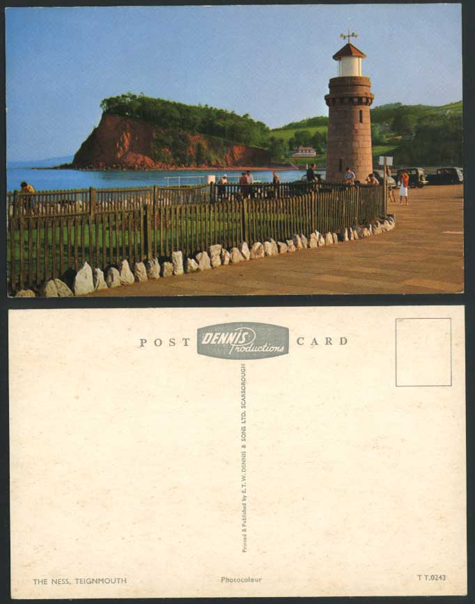 Teignmouth LIGHTHOUSE, THE NESS, Devon Old Colour Postcard Red Cliff Rock & Cars