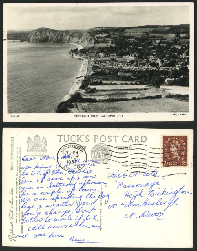 Sidmouth from Salcombe Hill Devon Beach 1957 Old Postcard Tuck's Real Photograph