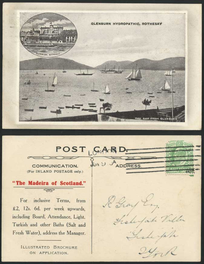 ROTHESAY Glenburn Hydropathic 1910 Old Postcard Madeira of Scotland Yachts Boats