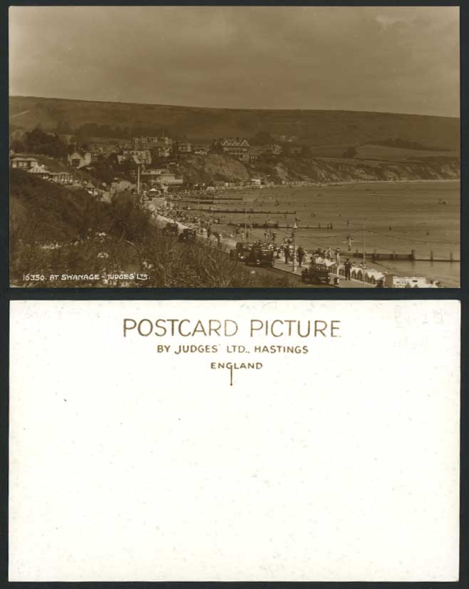 At Swanage, Dorset Old Postcard Beach Seaside Panorama Vintage Cars, Judges' Ltd