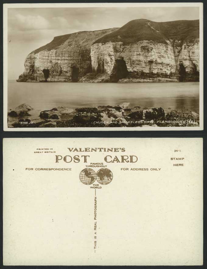 FLAMBOROUGH Church & Smugglers Cave Caves Cliffs Yorkshire Old RP Postcard Rocks
