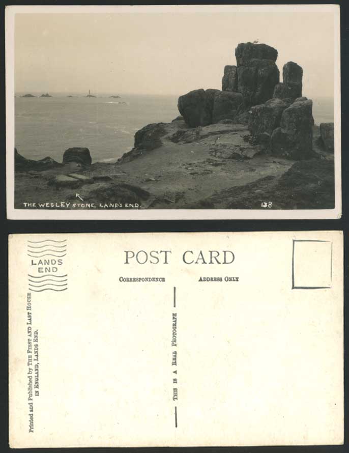 Land's End - THE WESLEY STONE, Rocks Lighthouse Cornwall Old Real Photo Postcard