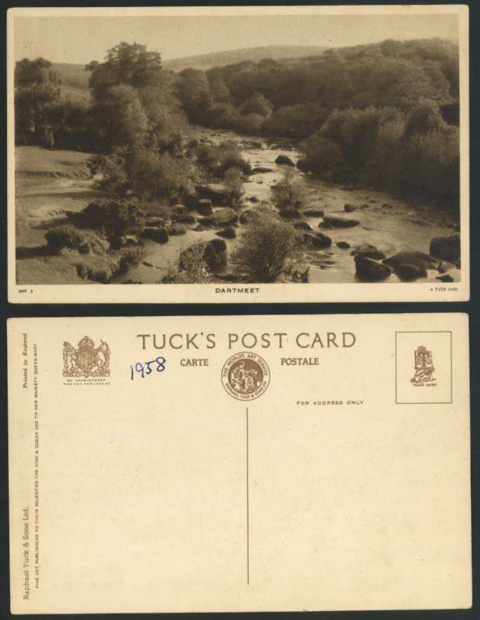 DARTMEET River Scene Rocks & Panorama Devon 1958 Old Tuck's Postcard